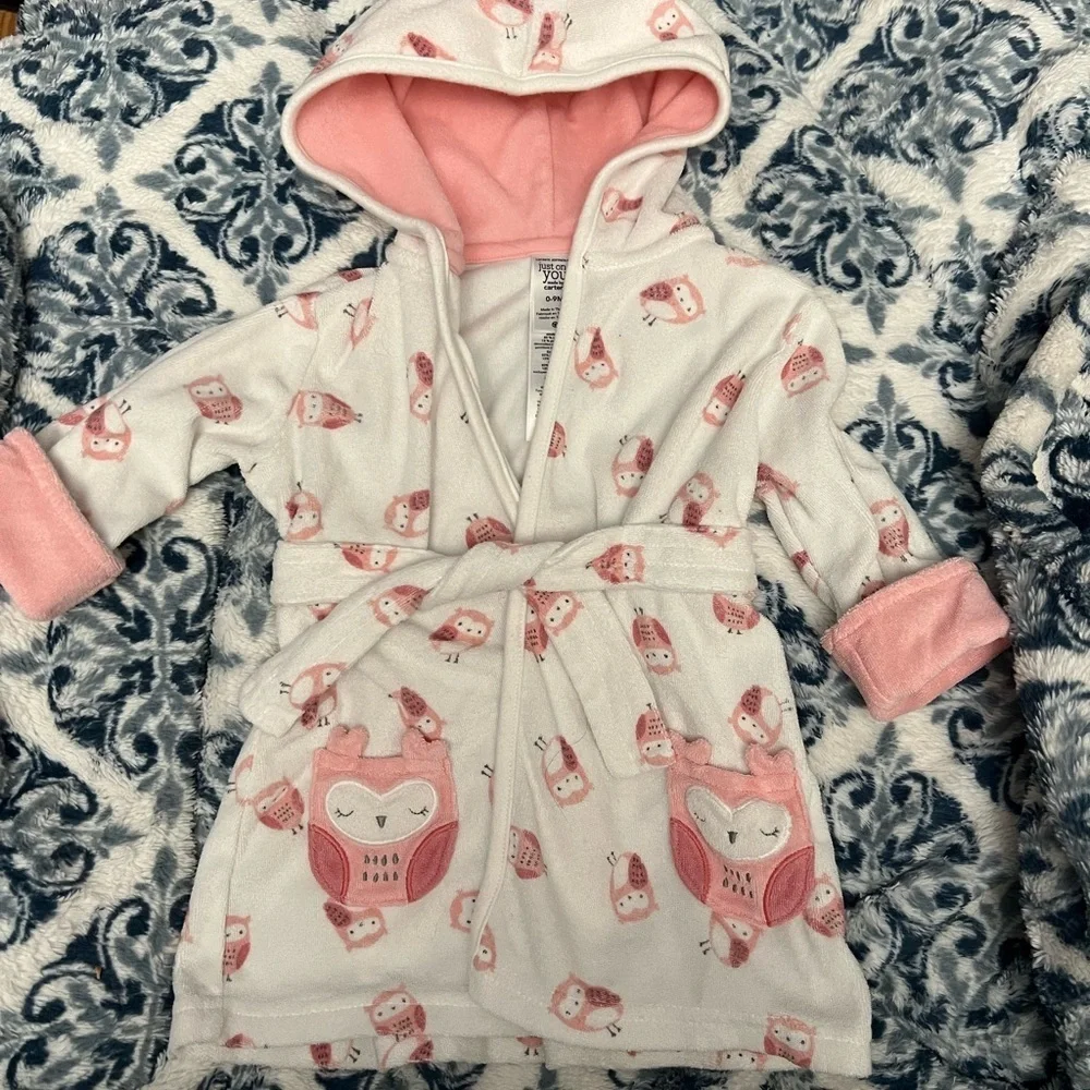 Just One You Carters Pink and White Owls Baby Girl Hooded Bathrobe Sz 0-9
